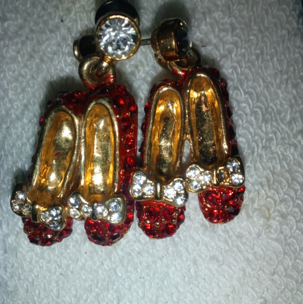 Red and Gold Shoe Earrings with Rhinestones